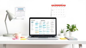 Een opgeruimd bureau met laptop, salesplan, kalender en koffie.