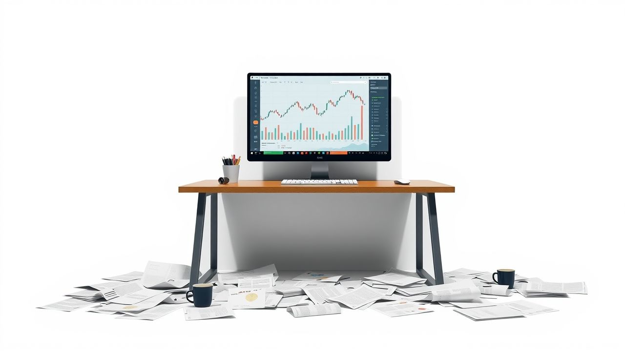 Een rommelig kantoorbureau met computer en financiële papieren.